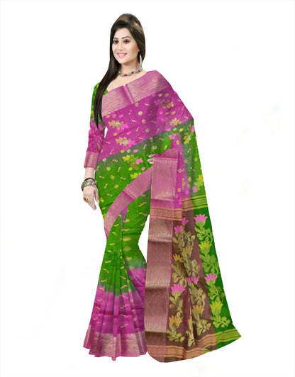 Pradip Fabrics Ethnic Women's Tant Silk Green and Pink Color Saree