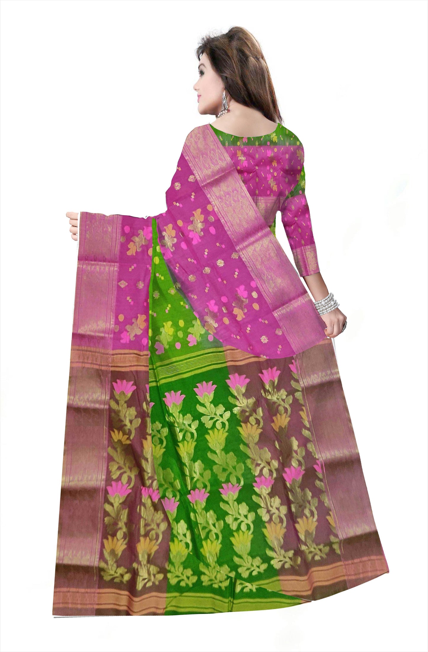 Pradip Fabrics Ethnic Women's Tant Silk Green and Pink Color Saree