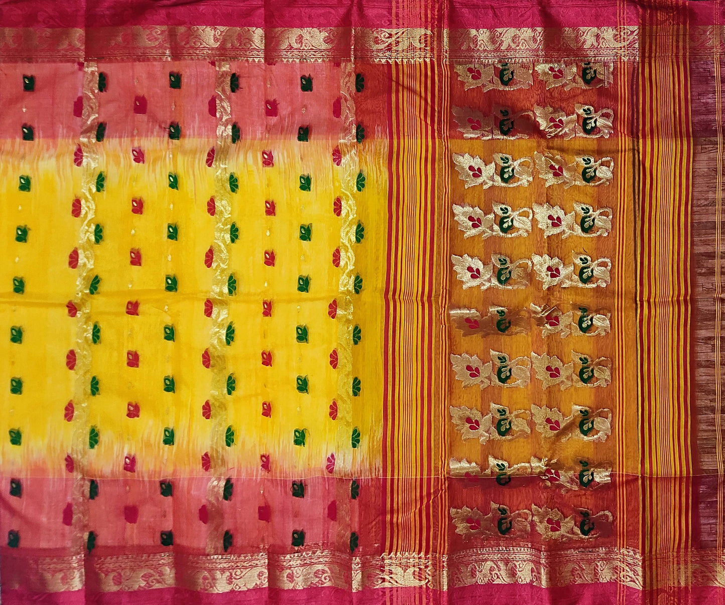 Pradip Fabrics Woven Tant Silk Yellow & Red Color Saree