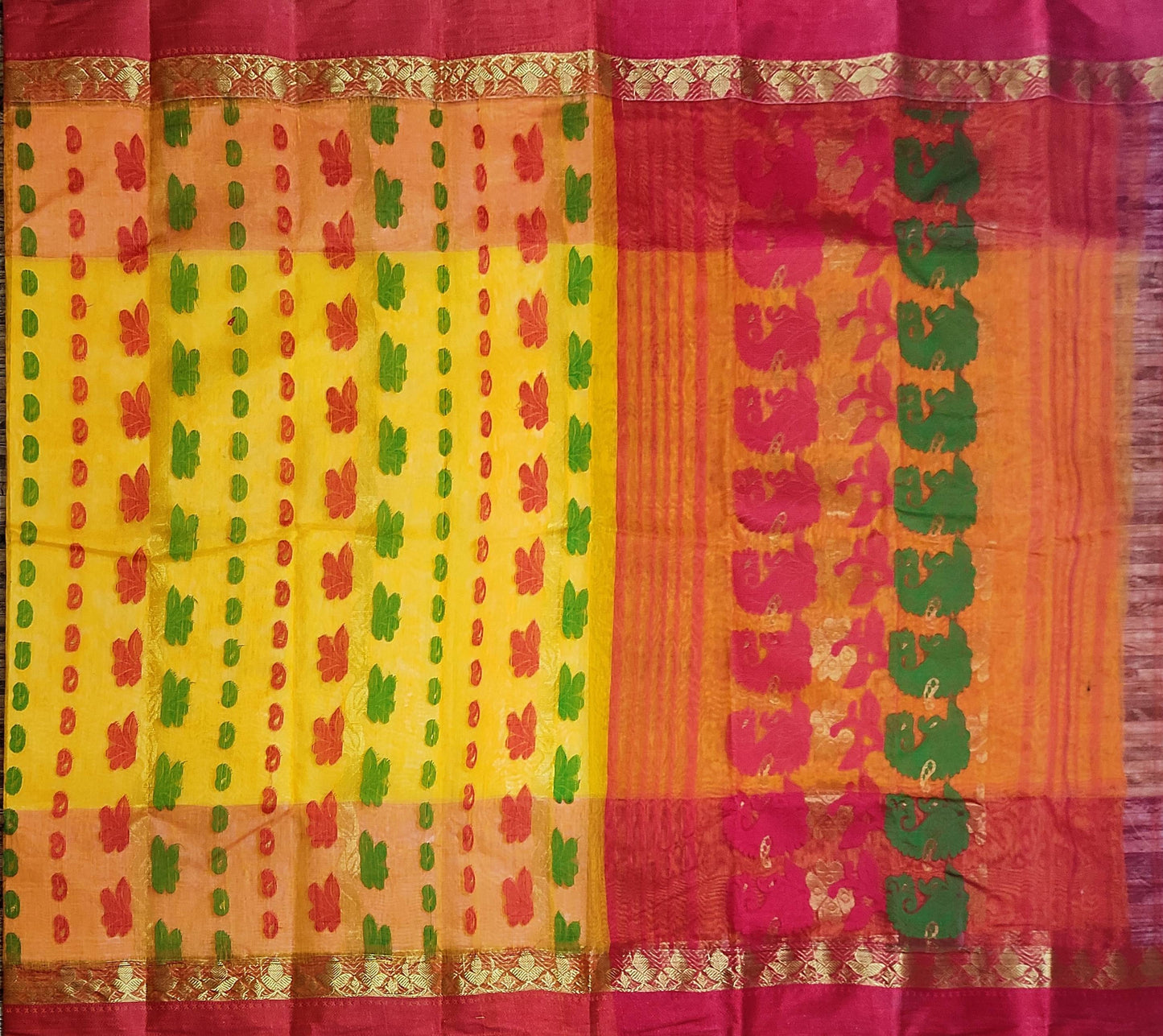 Pradip Fabrics Woven Tant Silk Yellow & Red Color Saree