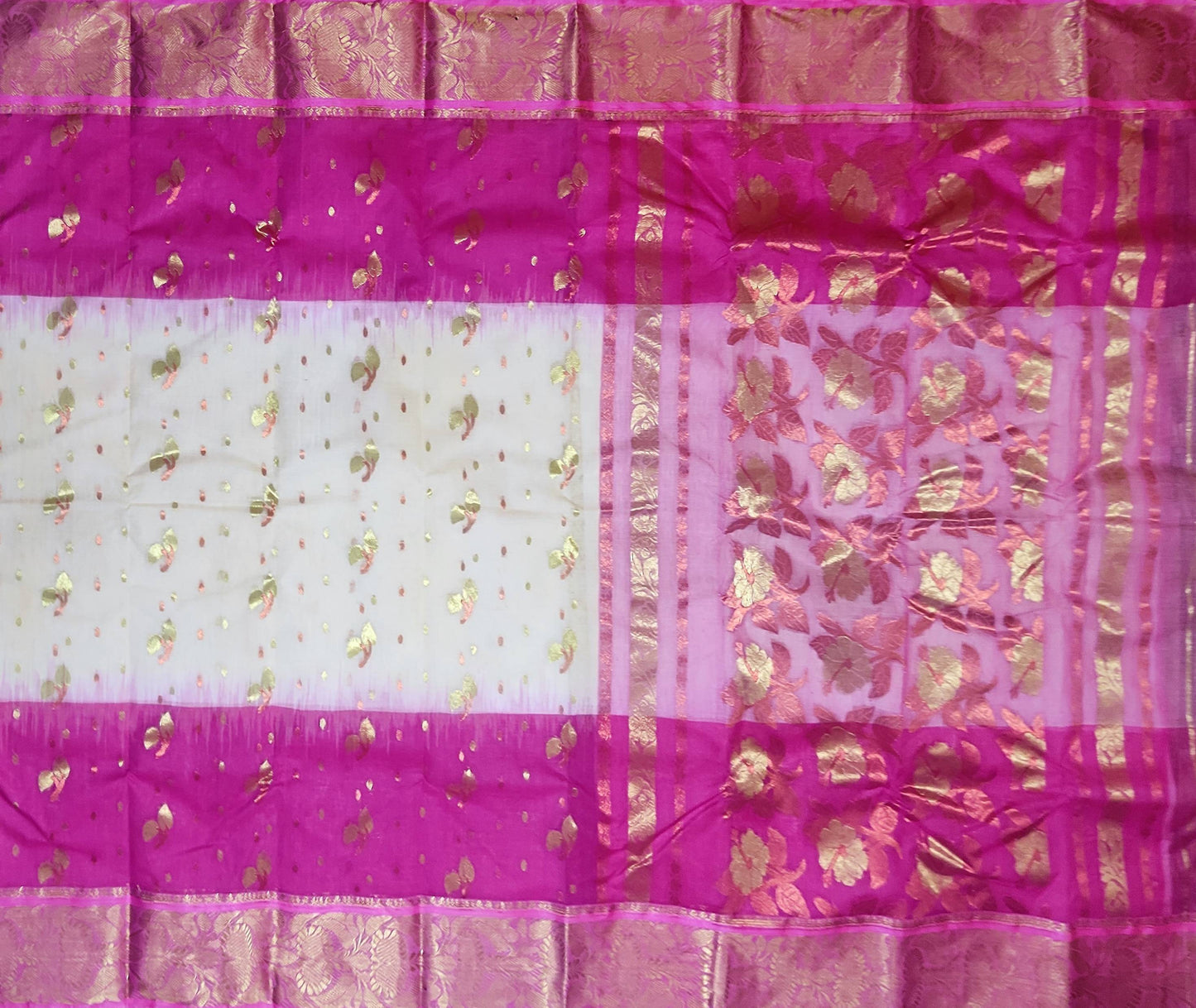 Pradip Fabrics Woven Tant Banarasi Cream and Pink Color Saree