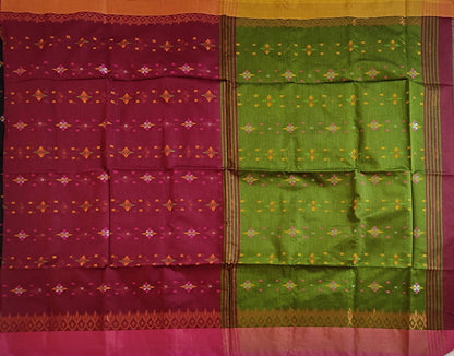 Pradip Fabrics Woven Soft Handloom Green & Maroon  Color Saree