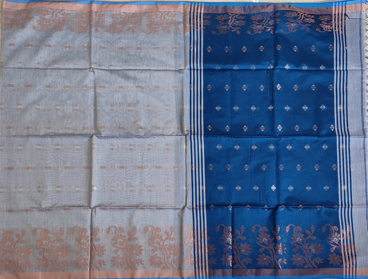 Pradip Fabrics Woven light Grey & Sky Blue color Pure Soft Handloom Saree