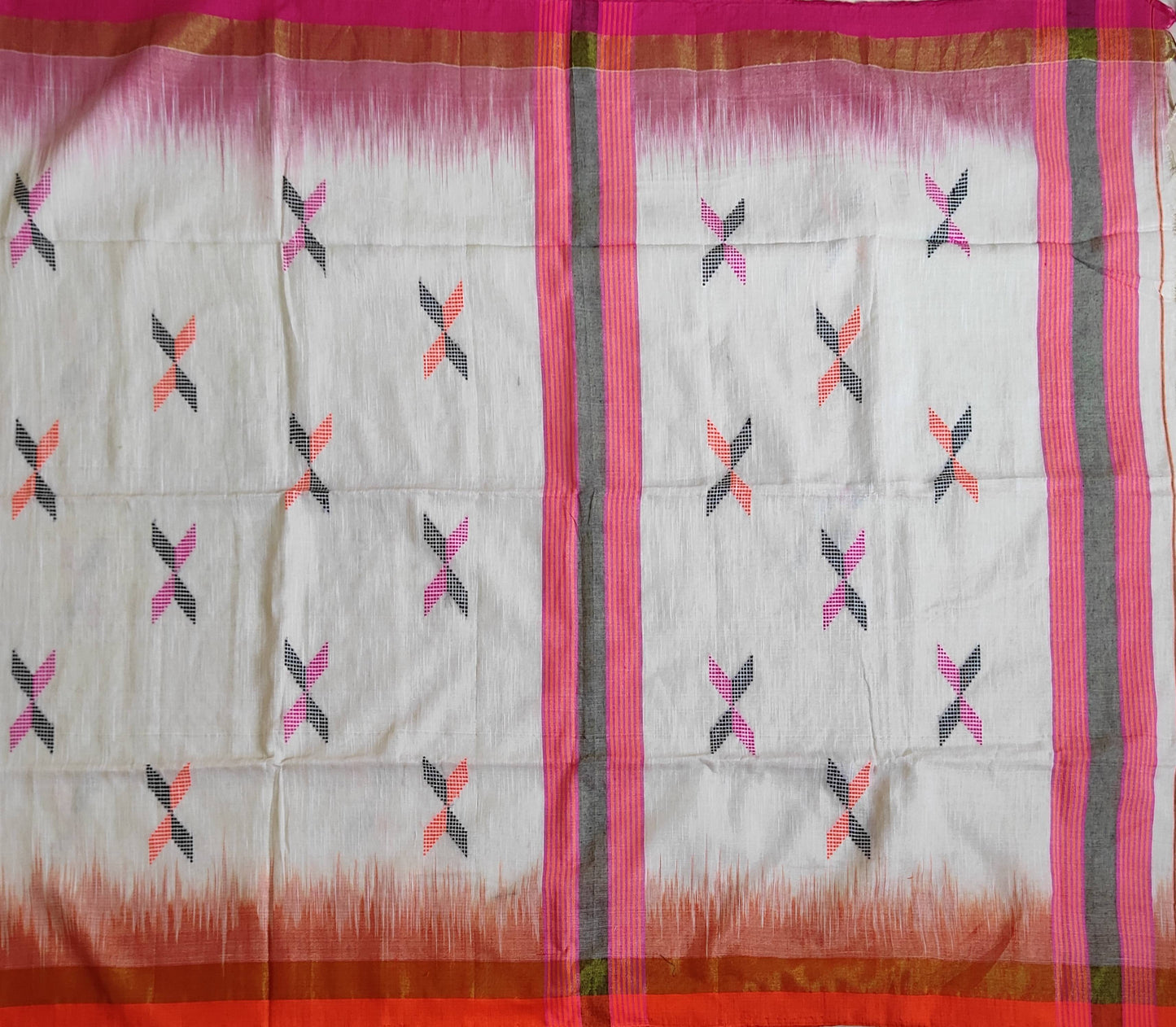 Pradip Fabrics Woven White , pink & Orange color Pure Soft Tissue Handloom Saree