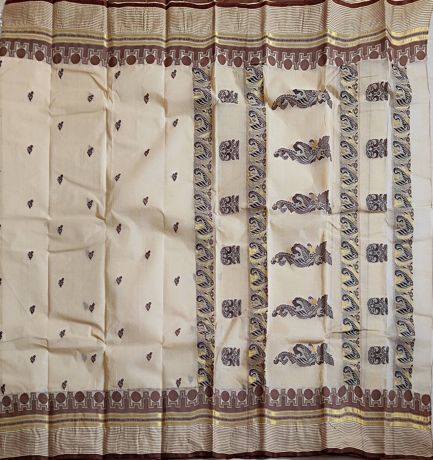 Pradip Fabrics Woven Cream Color Pure Tant cotton  Saree