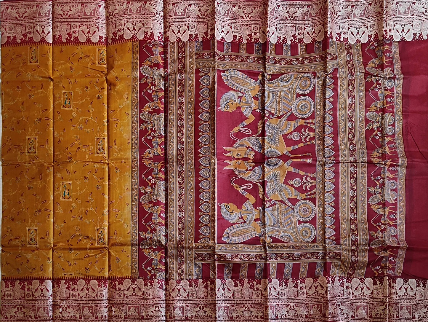 Pradip Fabrics Woven Yellow and Maroon color  Pure Silk Saree