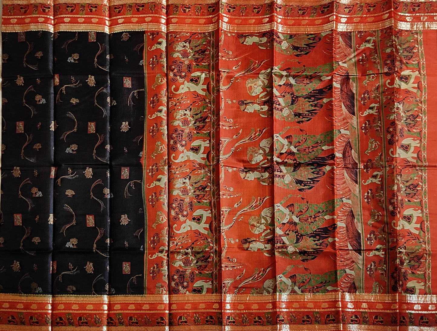 Pradip Fabrics Woven Black and Orange Color Pure Silk Saree
