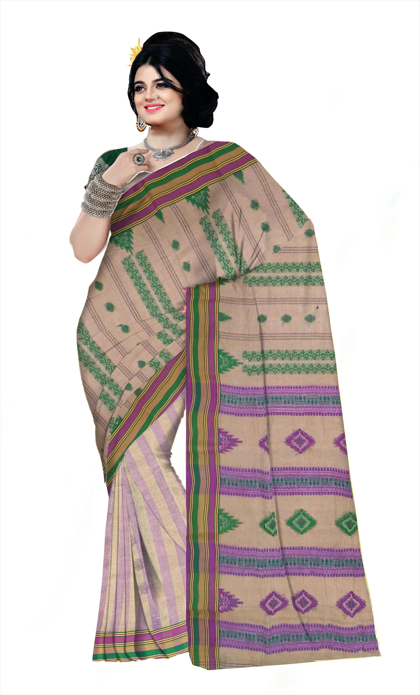 Pradip Fabrics Woven Tant Pure Cotton Saree (green &  purple )