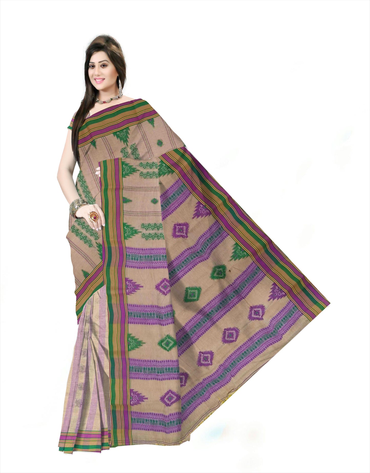 Pradip Fabrics Woven Tant Pure Cotton Saree (green &  purple )