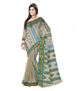 Pradip Fabrics Woven Tant Pure Cotton Saree (cream & green )