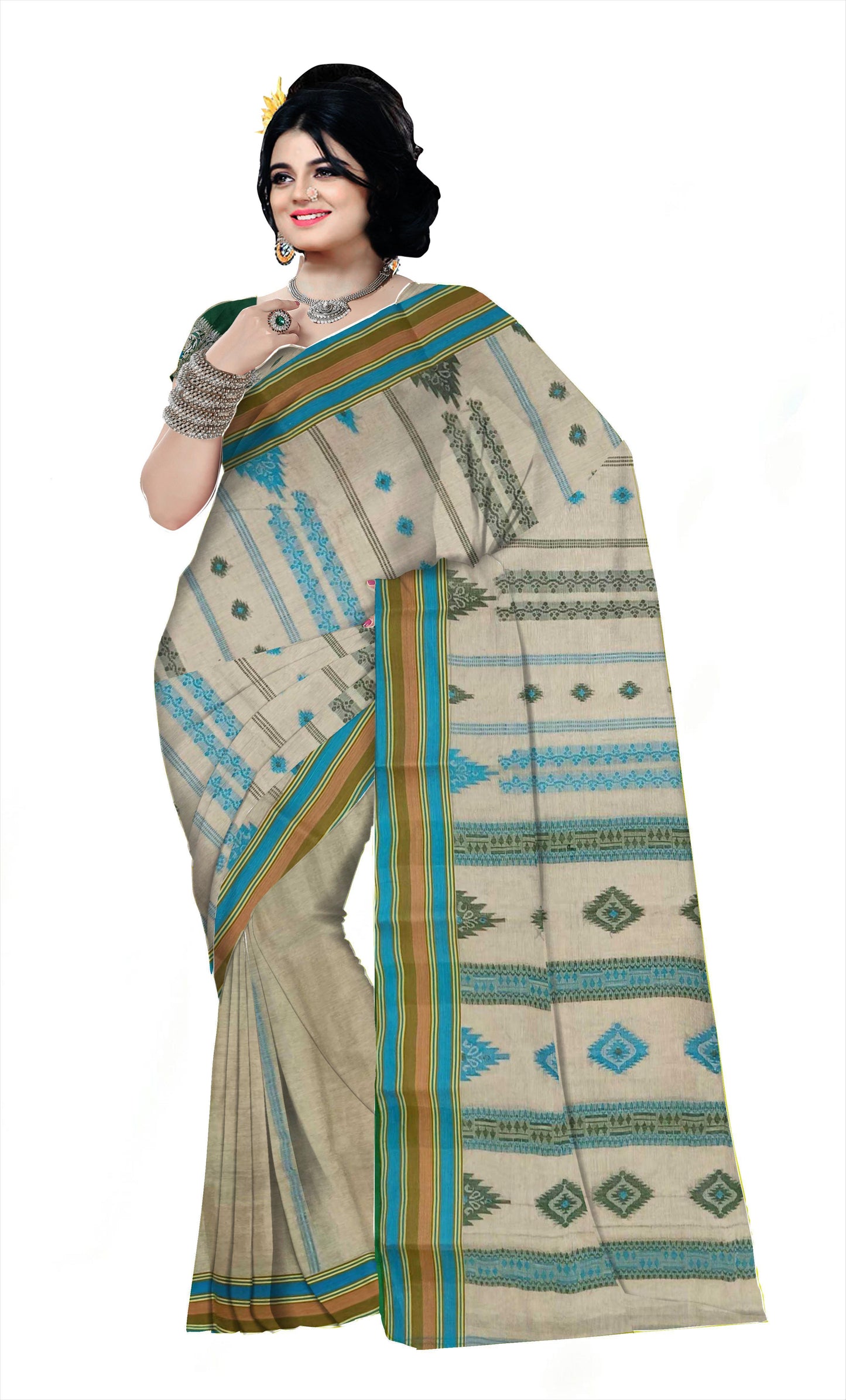Pradip Fabrics Woven Tant Pure Cotton Saree (cream & green )