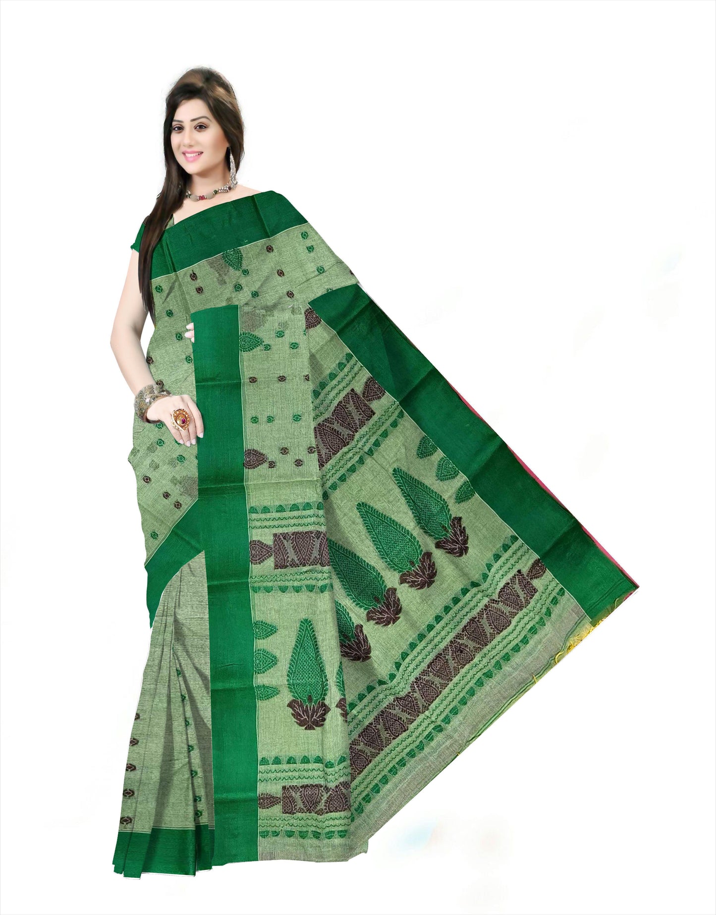 Pradip Fabrics Woven Tant Pure Cotton Saree ( deep green )