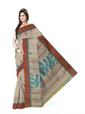 Woven Tant Pure Cotton Saree  (Cream & Brown)