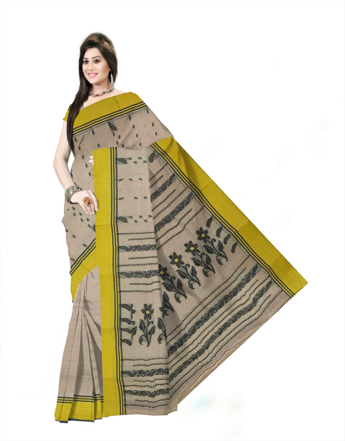 Pradip Fabrics Woven Tant Pure Cotton Saree (cream & yellow )