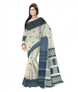 Pradip Fabrics Woven Tant Pure Cotton Saree (cream & blue )