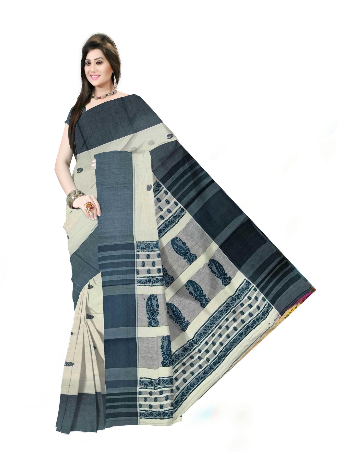Pradip Fabrics Woven Tant Pure Cotton Saree (cream & blue )