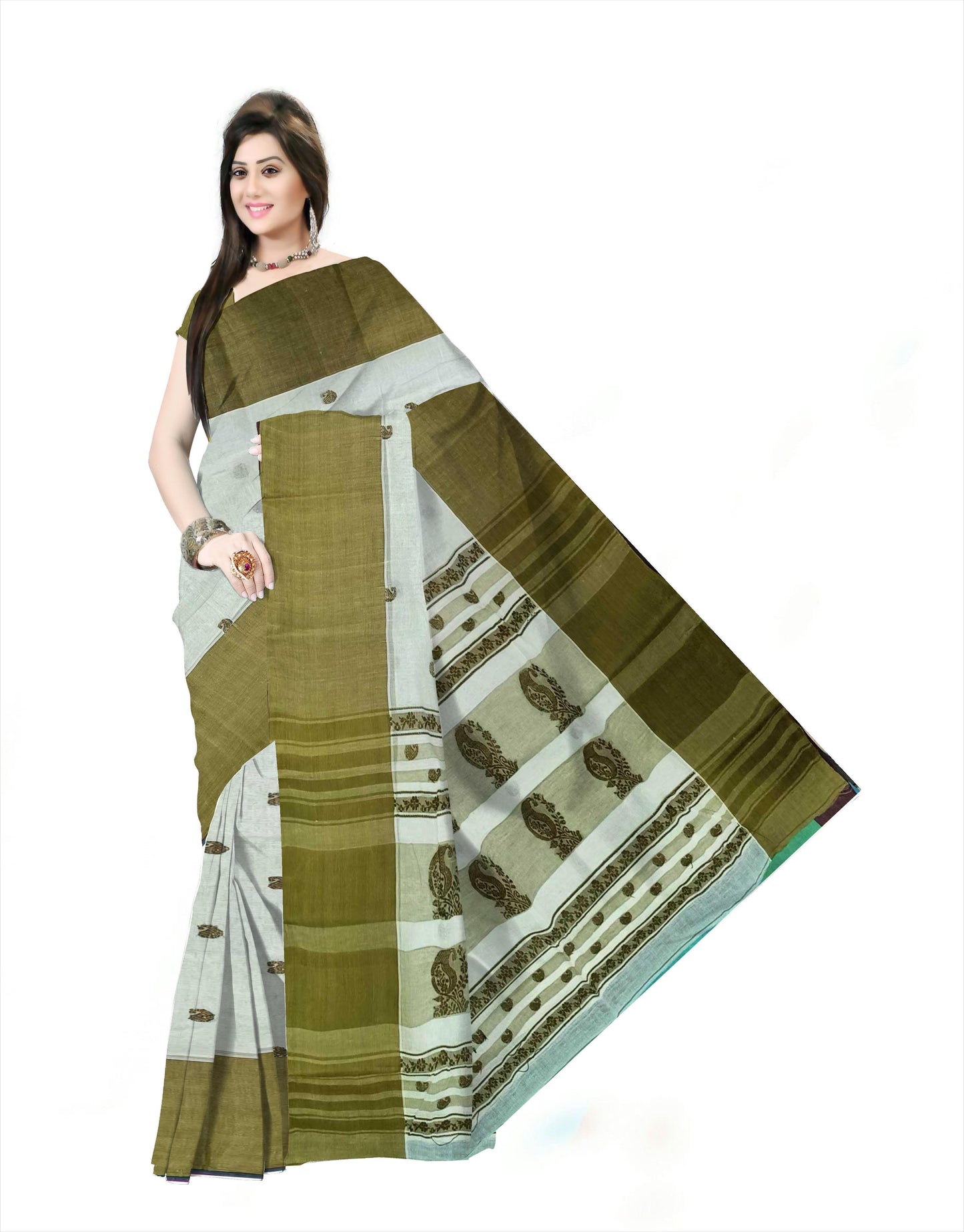 Pradip Fabrics Woven Tant Pure Cotton Saree( dark green )