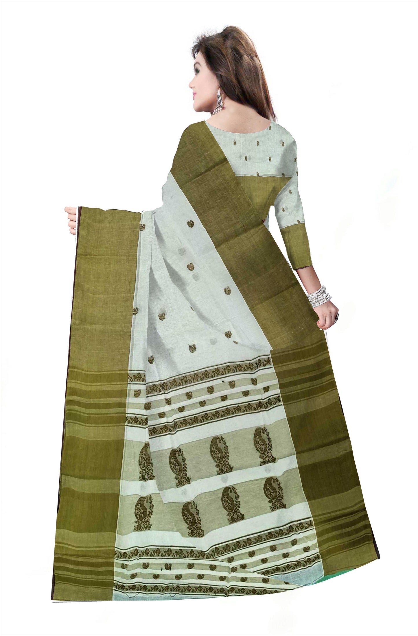 Pradip Fabrics Woven Tant Pure Cotton Saree( dark green )