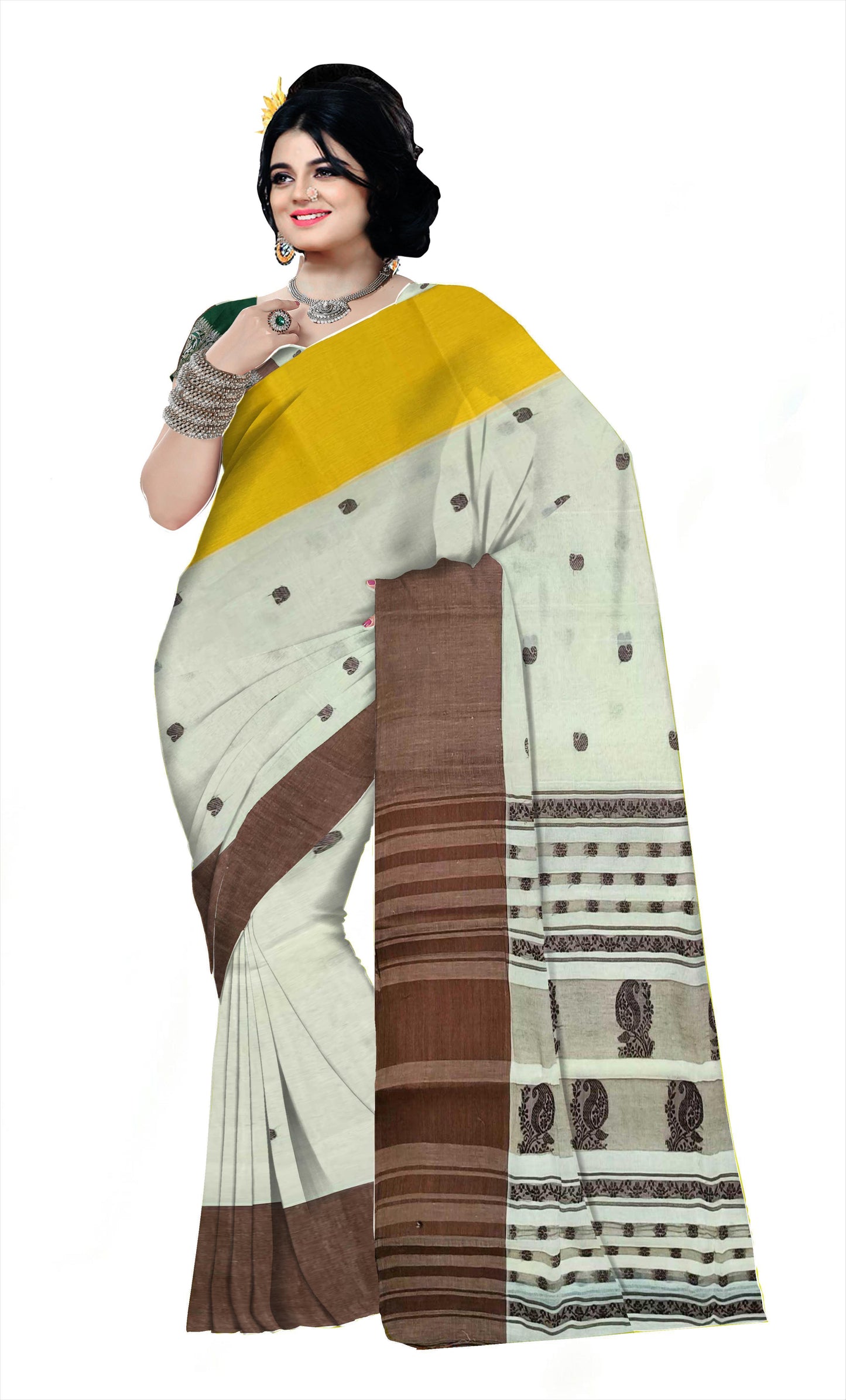 Pradip Fabrics Woven Tant Pure Cotton Saree(Brown & yellow )