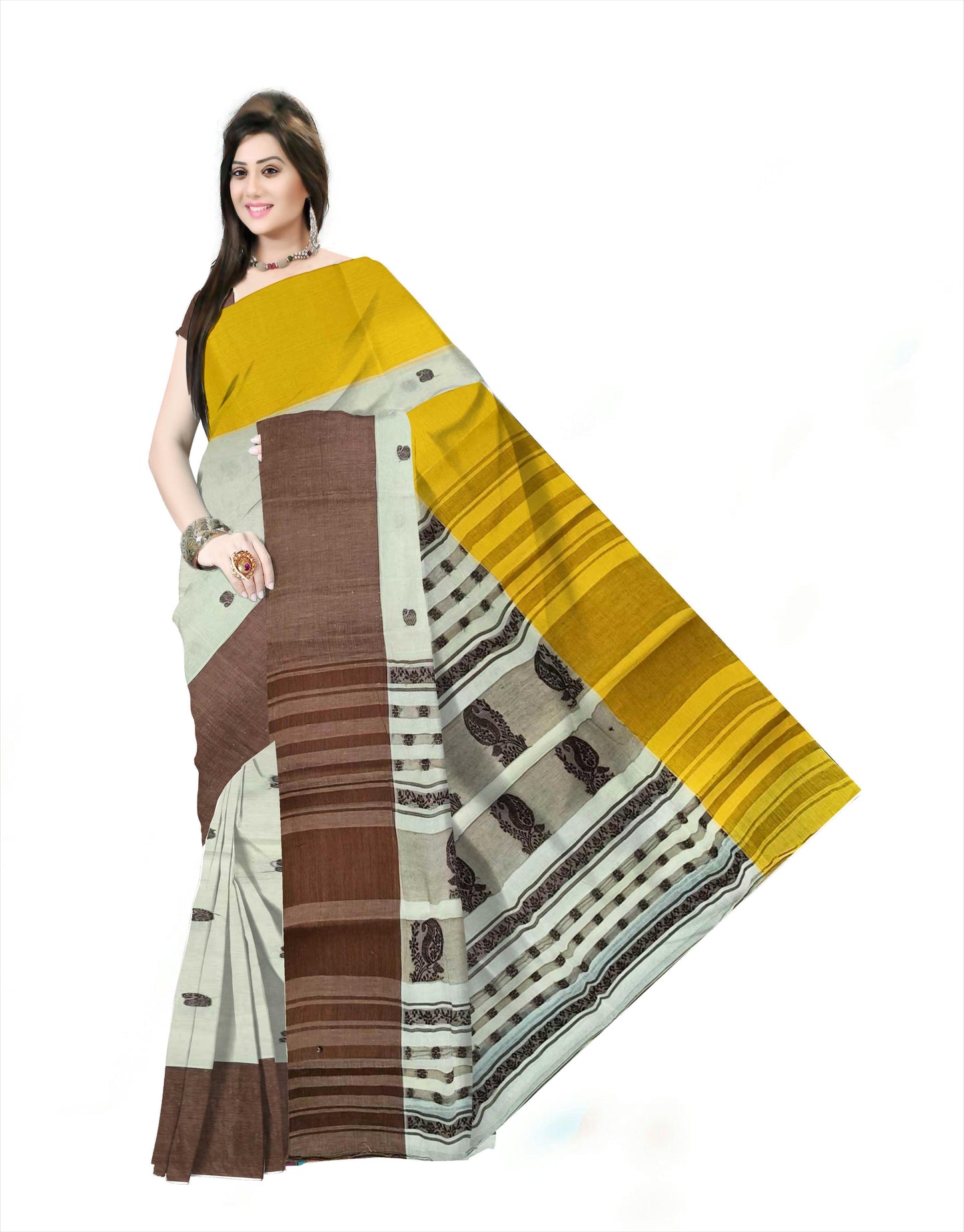 Pradip Fabrics Woven Tant Pure Cotton Saree(Brown & yellow )