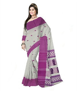 Pradip Fabrics Woven Tant Pure Cotton Saree (white & purle )