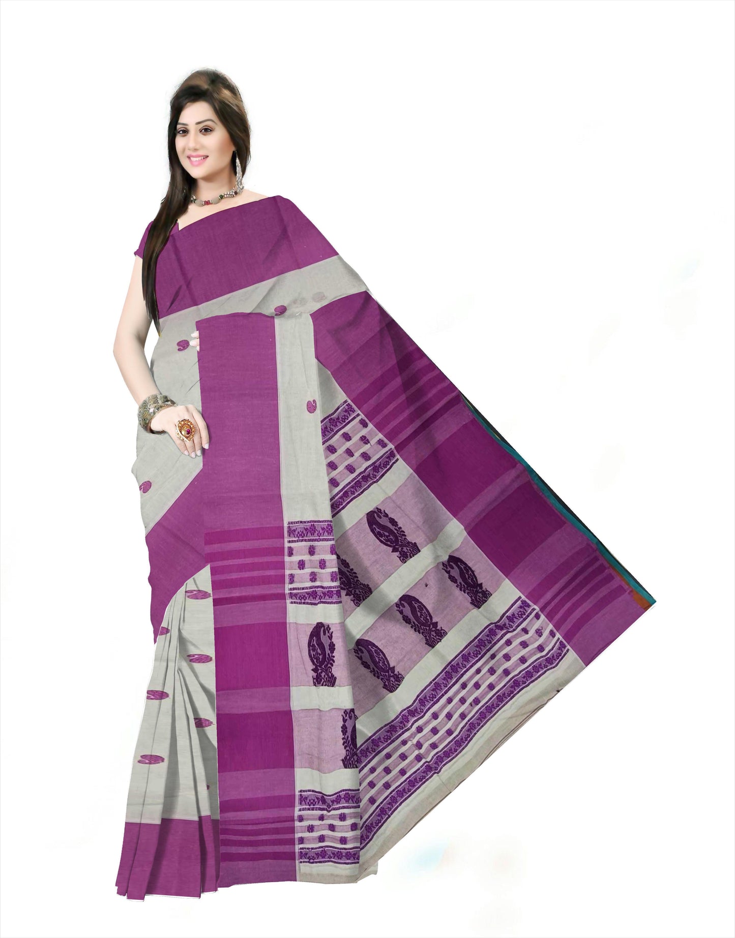 Pradip Fabrics Woven Tant Pure Cotton Saree (white & purle )