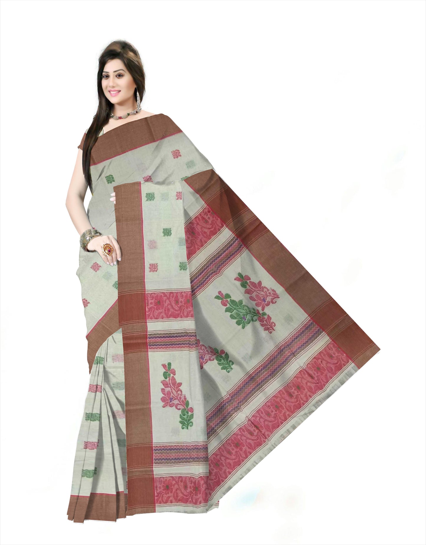 Pradip Fabrics Printed Handloom Pure Cotton Saree (white)
