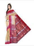 Pradip Fabrics Woven  Pure Tussar silk  Cream and Red Color Saree