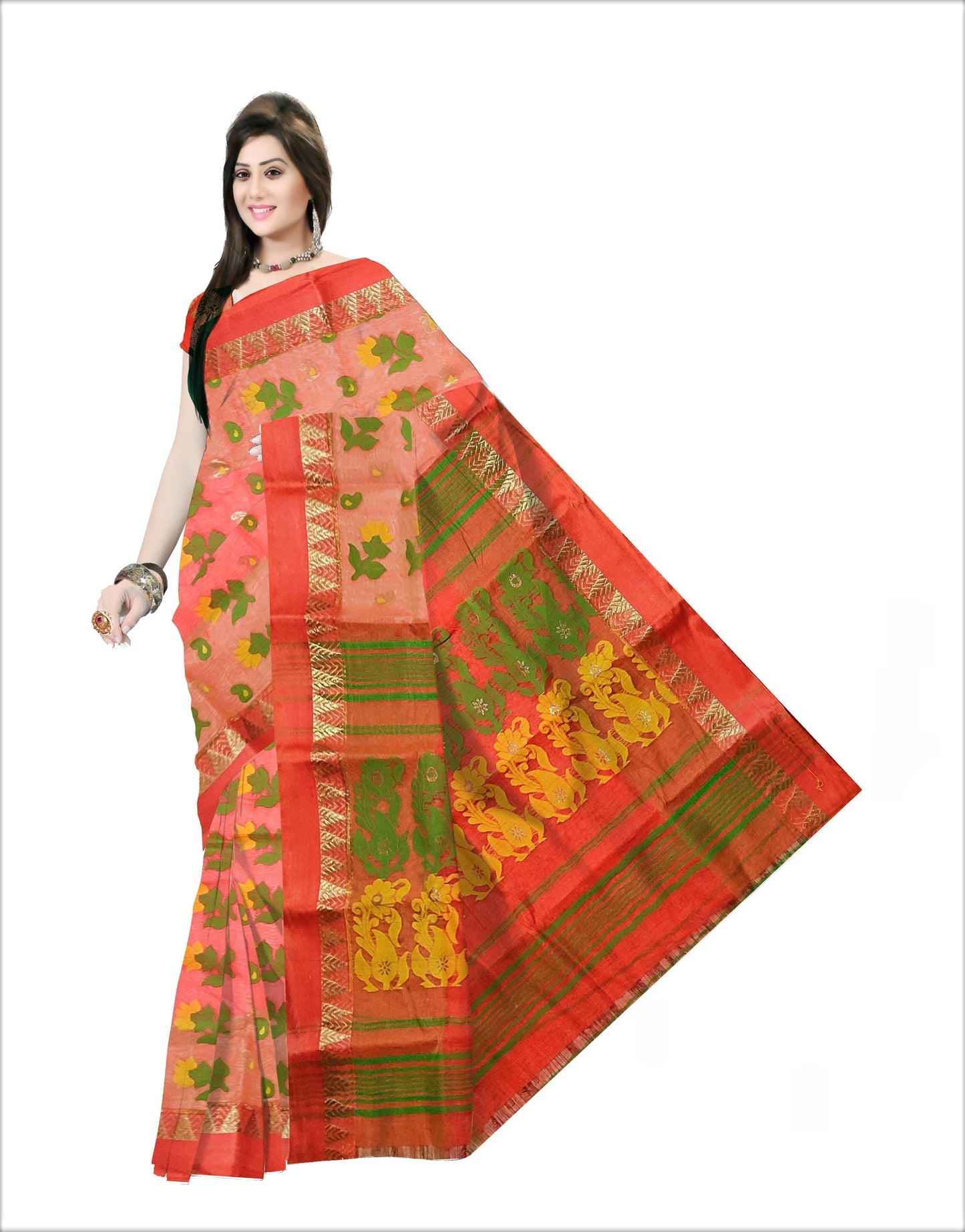 Pradip Fabrics Woven Tant Silk Orange & Green Color Saree