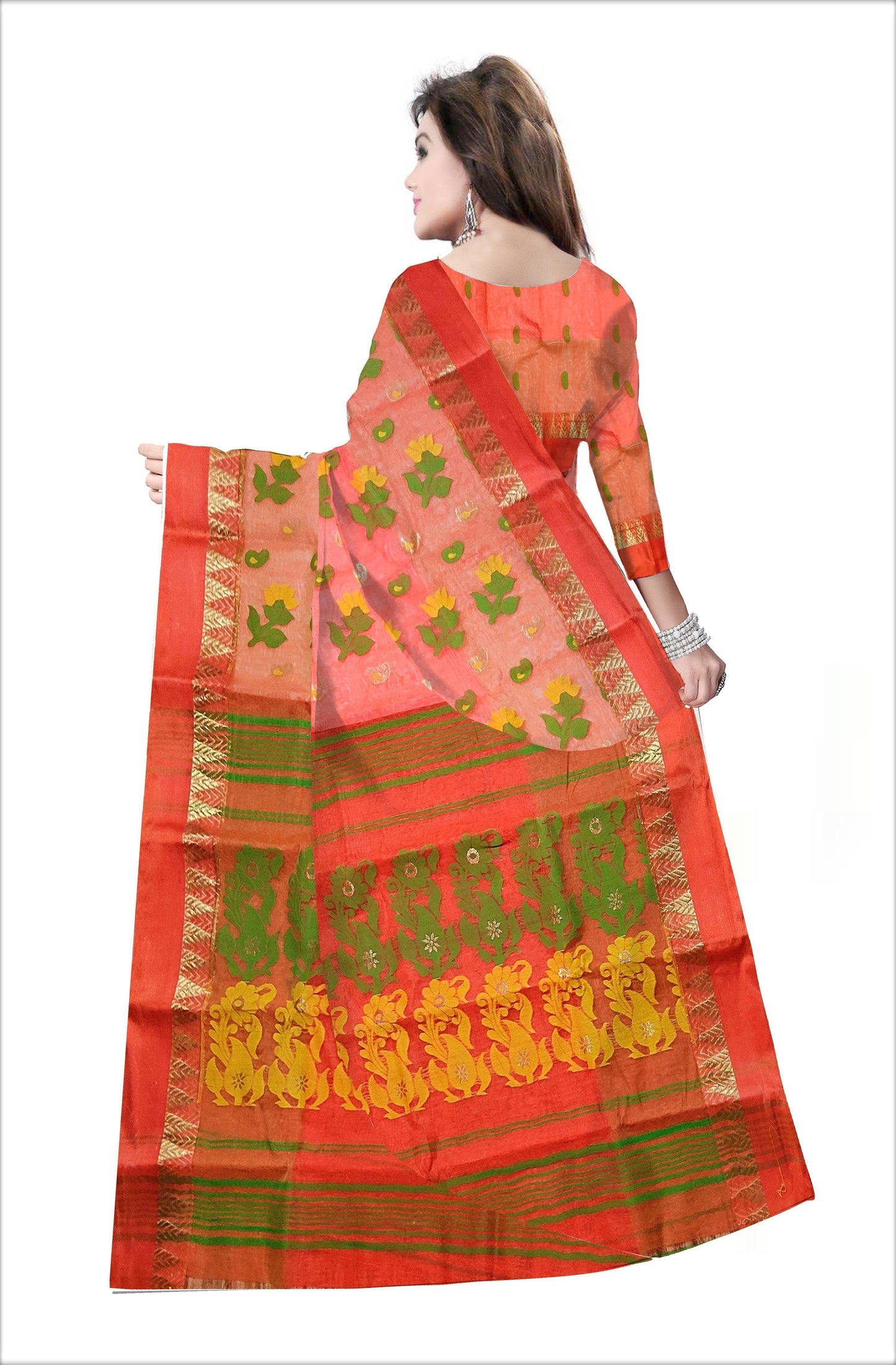 Pradip Fabrics Woven Tant Silk Orange & Green Color Saree