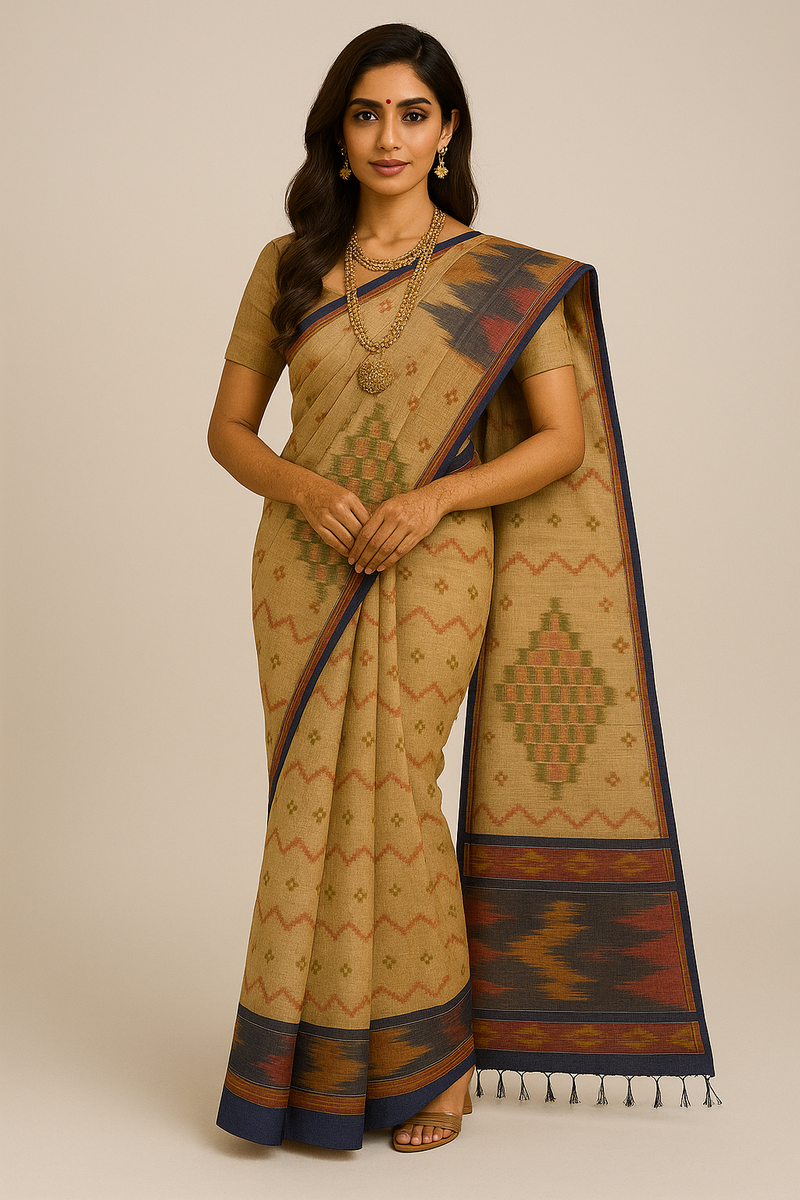 Pradip Fabrics Ethnic Women's Tangail Tant Cotton Soft Light Cream & Multicolored Patterns Jamdani Saree.