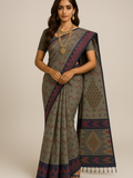 Grey Pradip Fabrics Ethnic Women's Tangail Tant Cotton Soft Light Cream & Multicolored Patterns Jamdani Saree.
