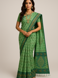 Teal Green Pradip Fabrics Ethnic Women's Tangail Tant Cotton Soft Light Cream & Multicolored Patterns Jamdani Saree.