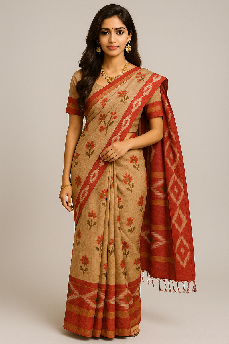 Pradip Fabrics Ethnic Women's Tangail Tant Cotton Soft Light  Peach & Multicolored Patterns Jamdani Saree.