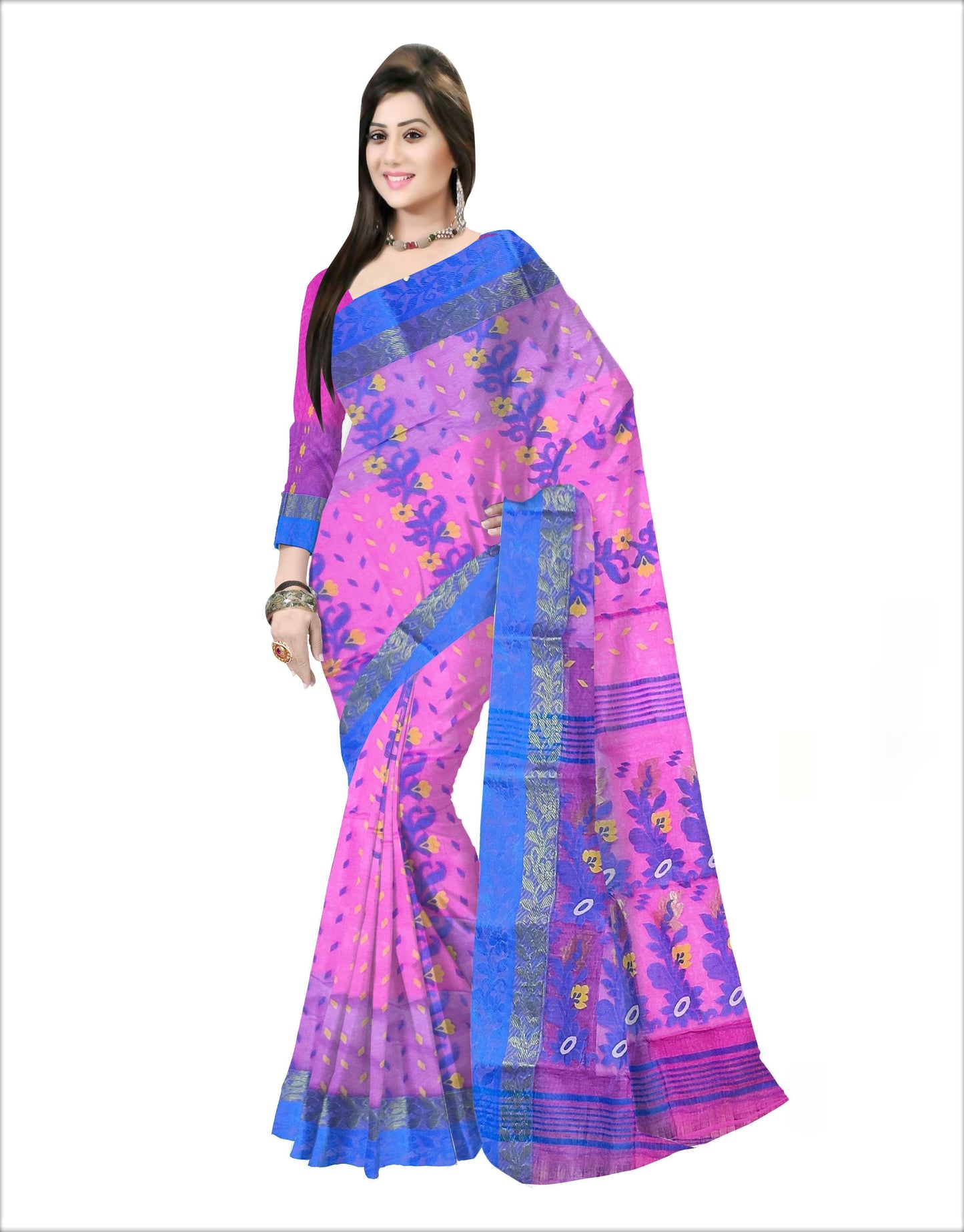 Pradip Fabrics Woven Tant Silk Pink & BlueColor Saree