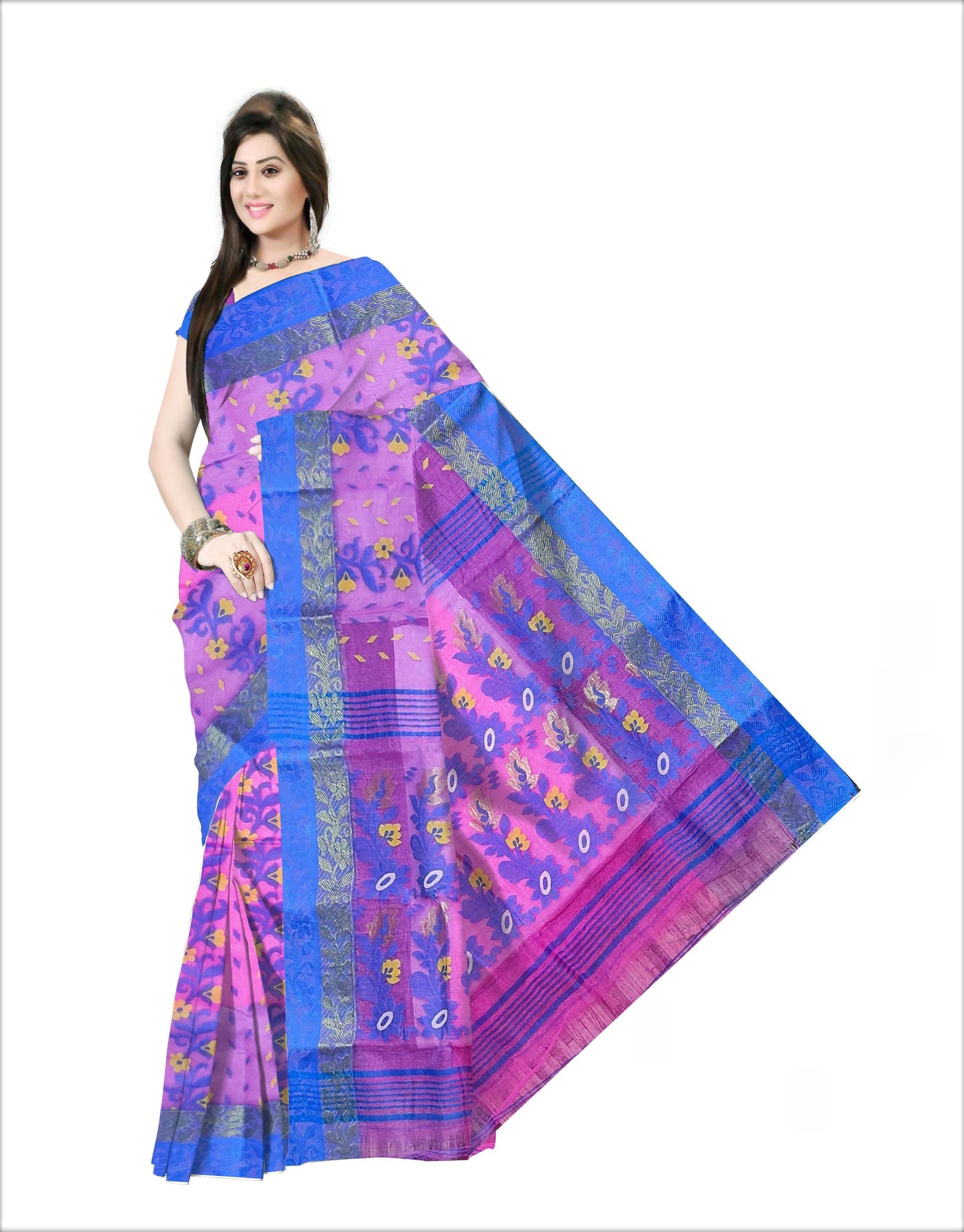 Pradip Fabrics Woven Tant Silk Pink & BlueColor Saree