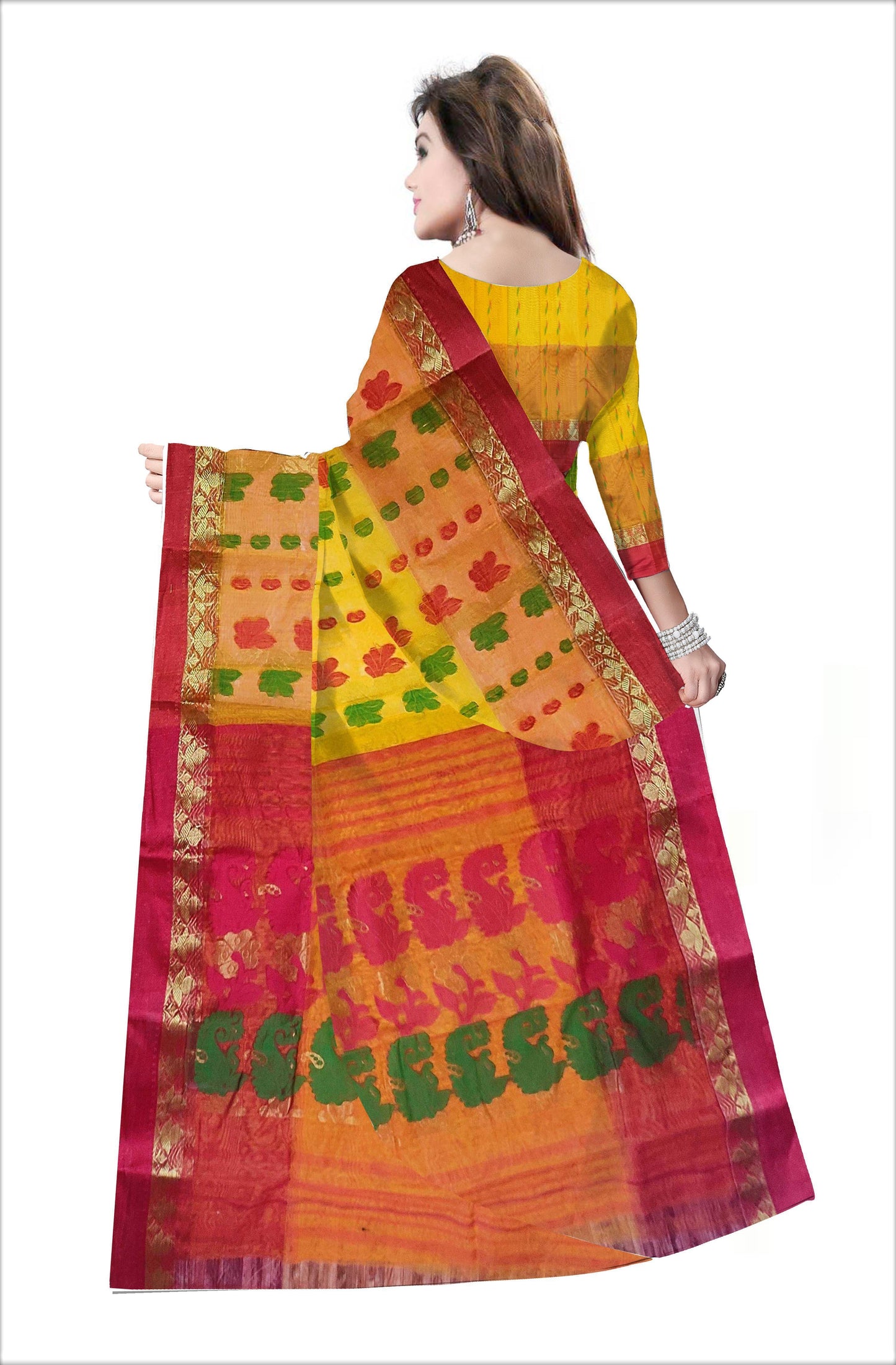 Pradip Fabrics Woven Tant Silk Yellow & Red Color Saree