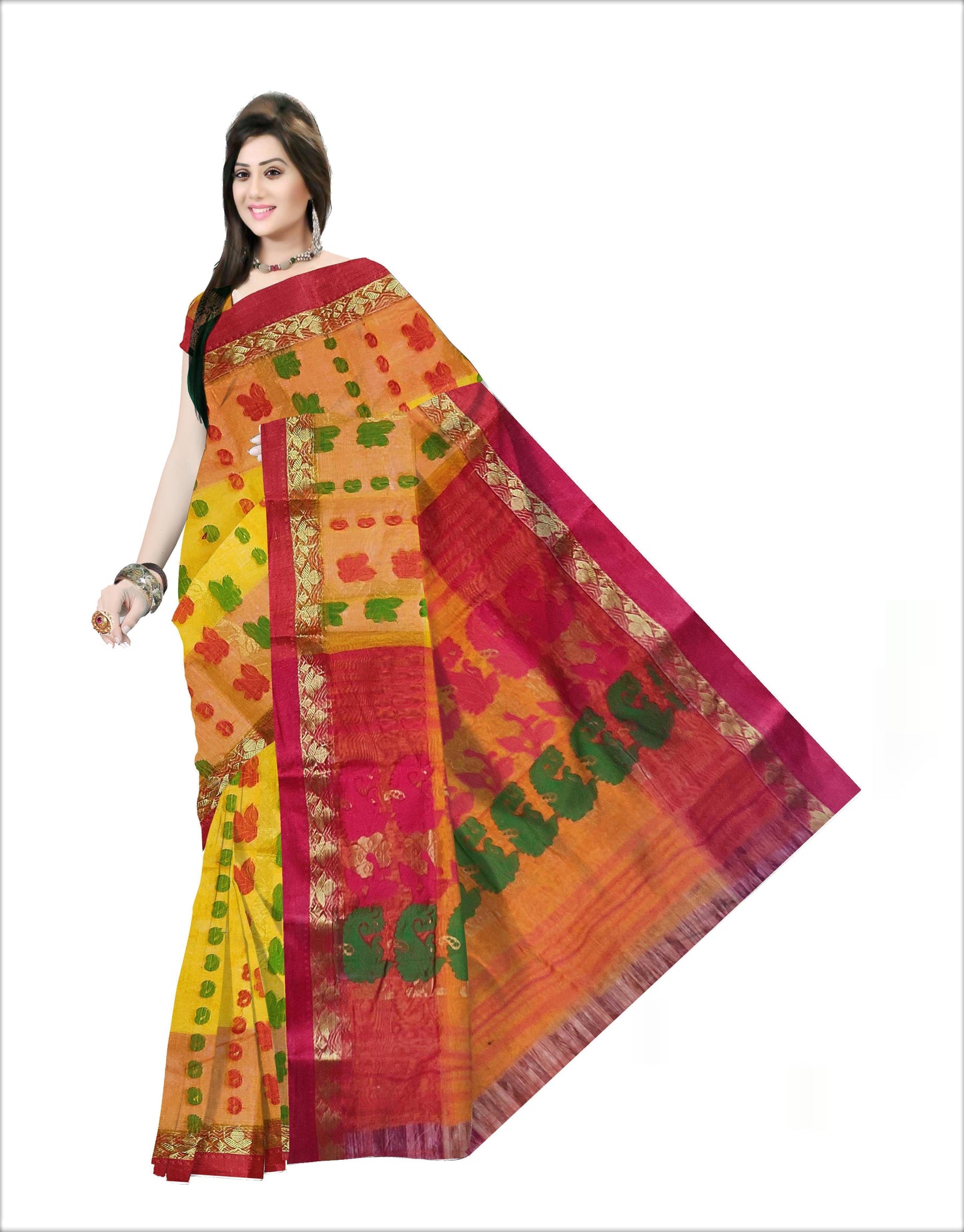 Pradip Fabrics Woven Tant Silk Yellow & Red Color Saree