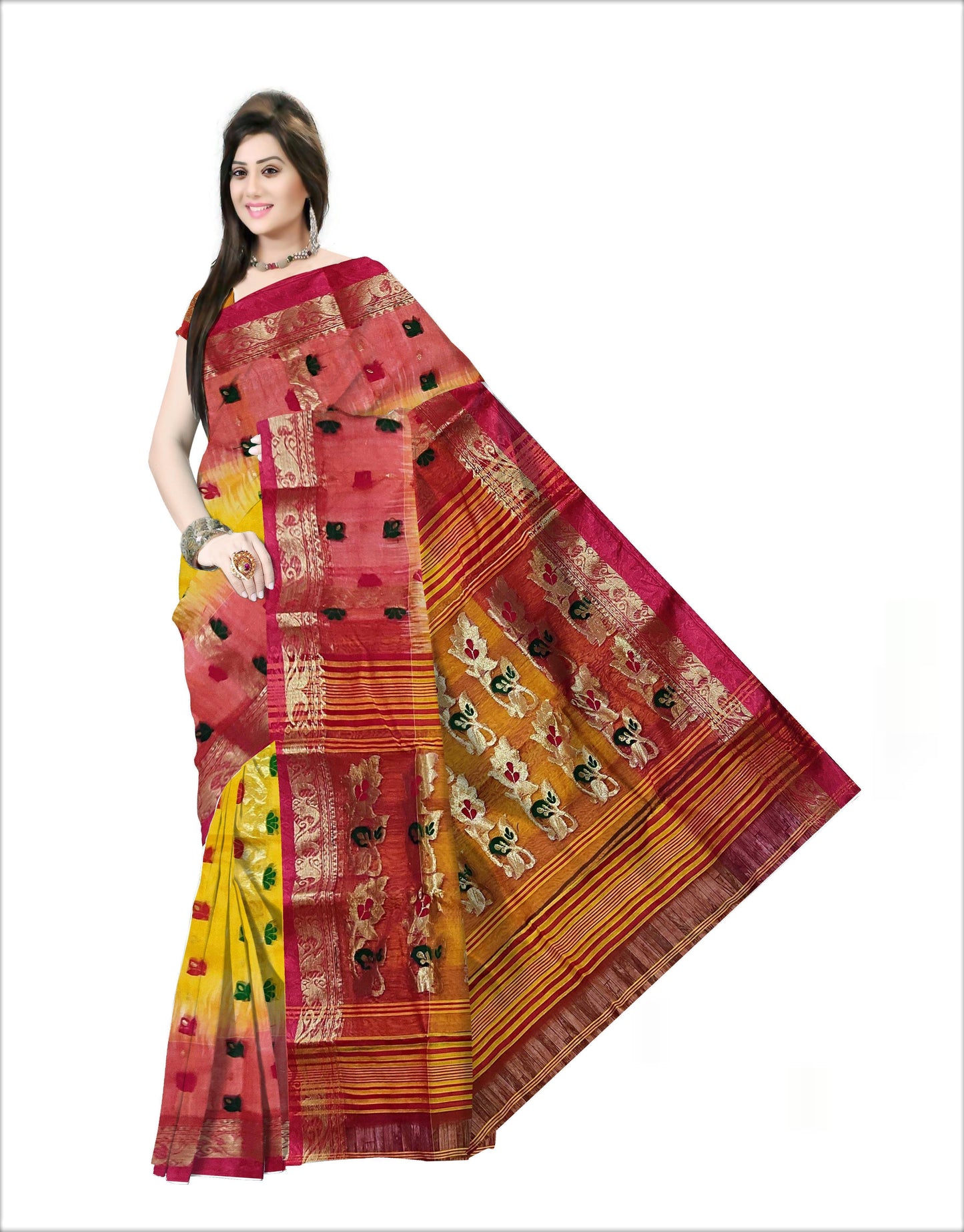 Pradip Fabrics Woven Tant Silk Yellow & Red Color Saree