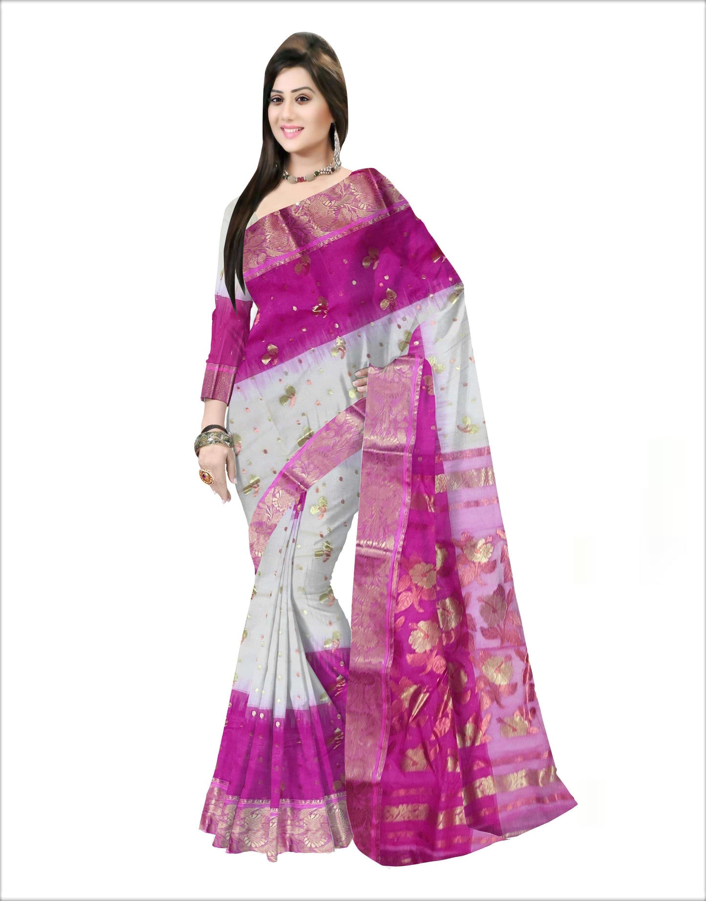 Pradip Fabrics Woven Tant Banarasi Cream and Pink Color Saree