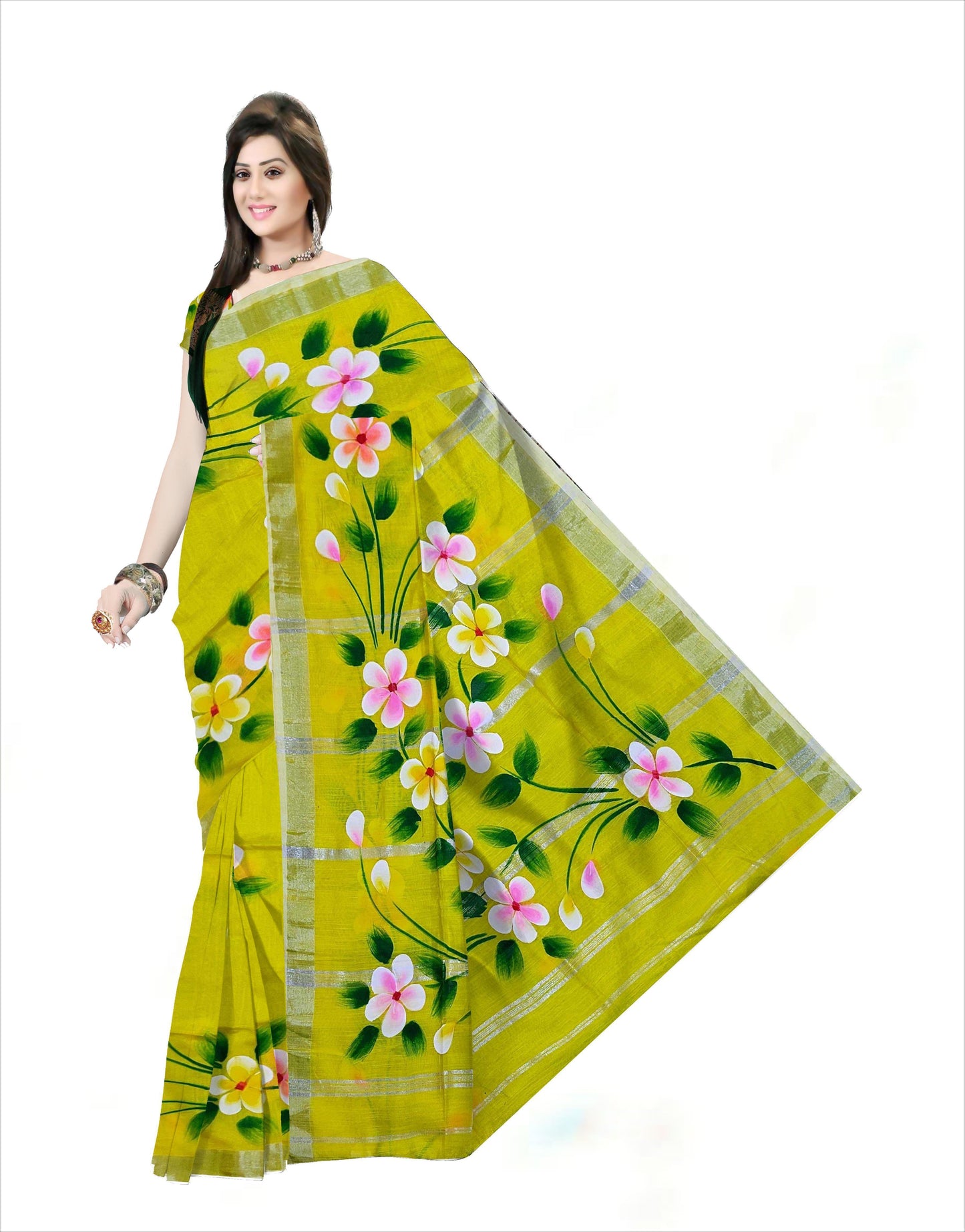 Pradip Fabrics Hand Painted Soft Linen Cotton Saree With Tassels