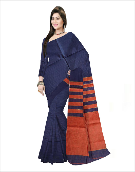 Pradip Fabrics Woven Soft Pure Cotton Handloom Blue & Orange Color Saree