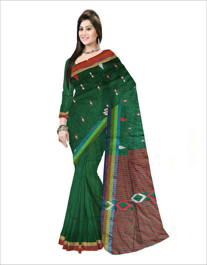 Pradip Fabrics Woven Soft Handloom pure cotton Dark Green Color Saree