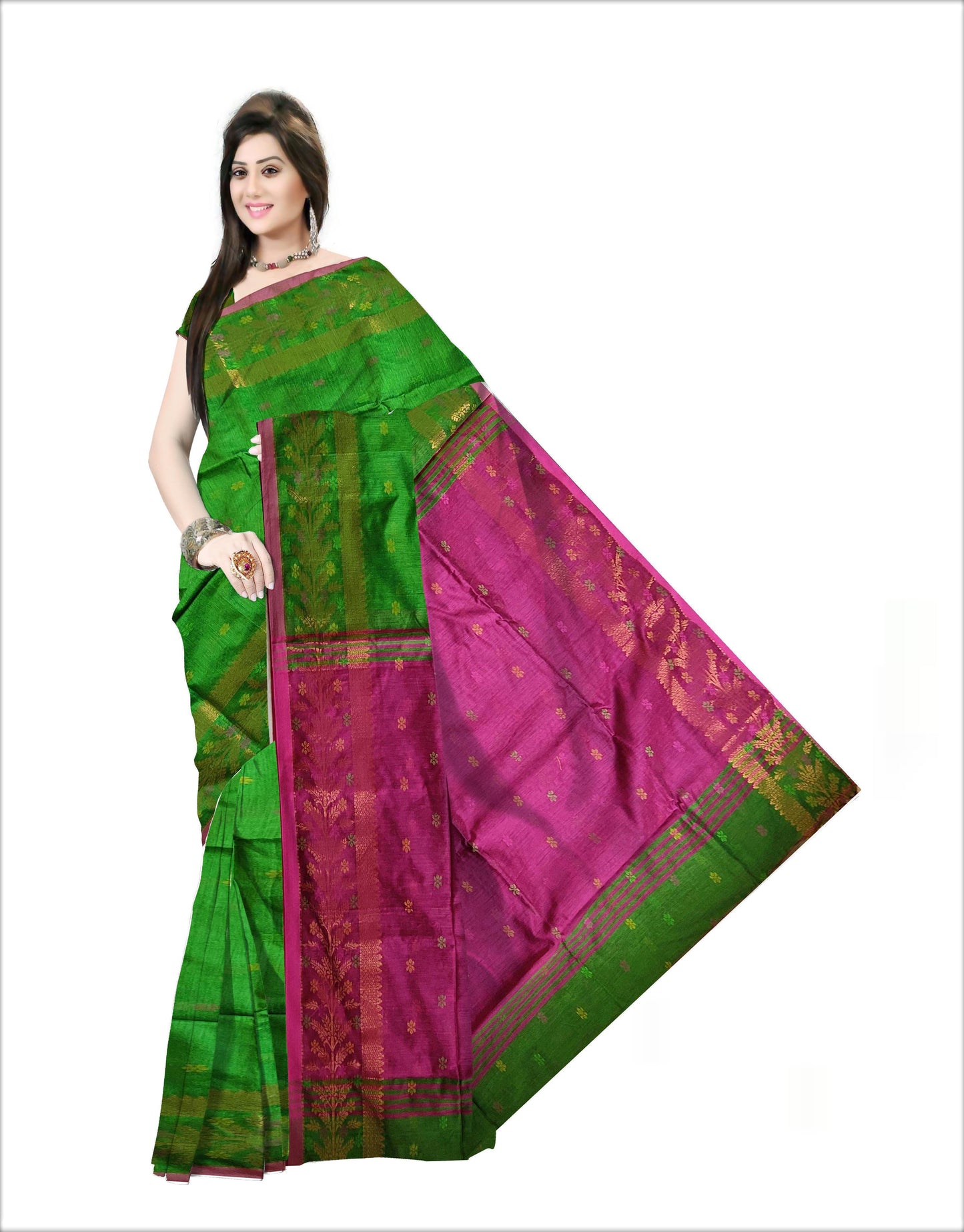 Pradip Fabrics Woven Pink and Green color  Soft Handloom Saree