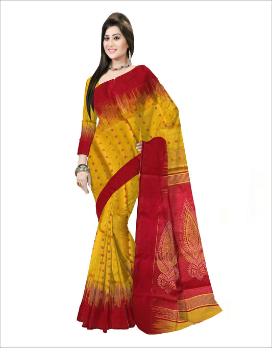 Pradip Fabrics Woven Yellow and Red color Soft Handloom Saree