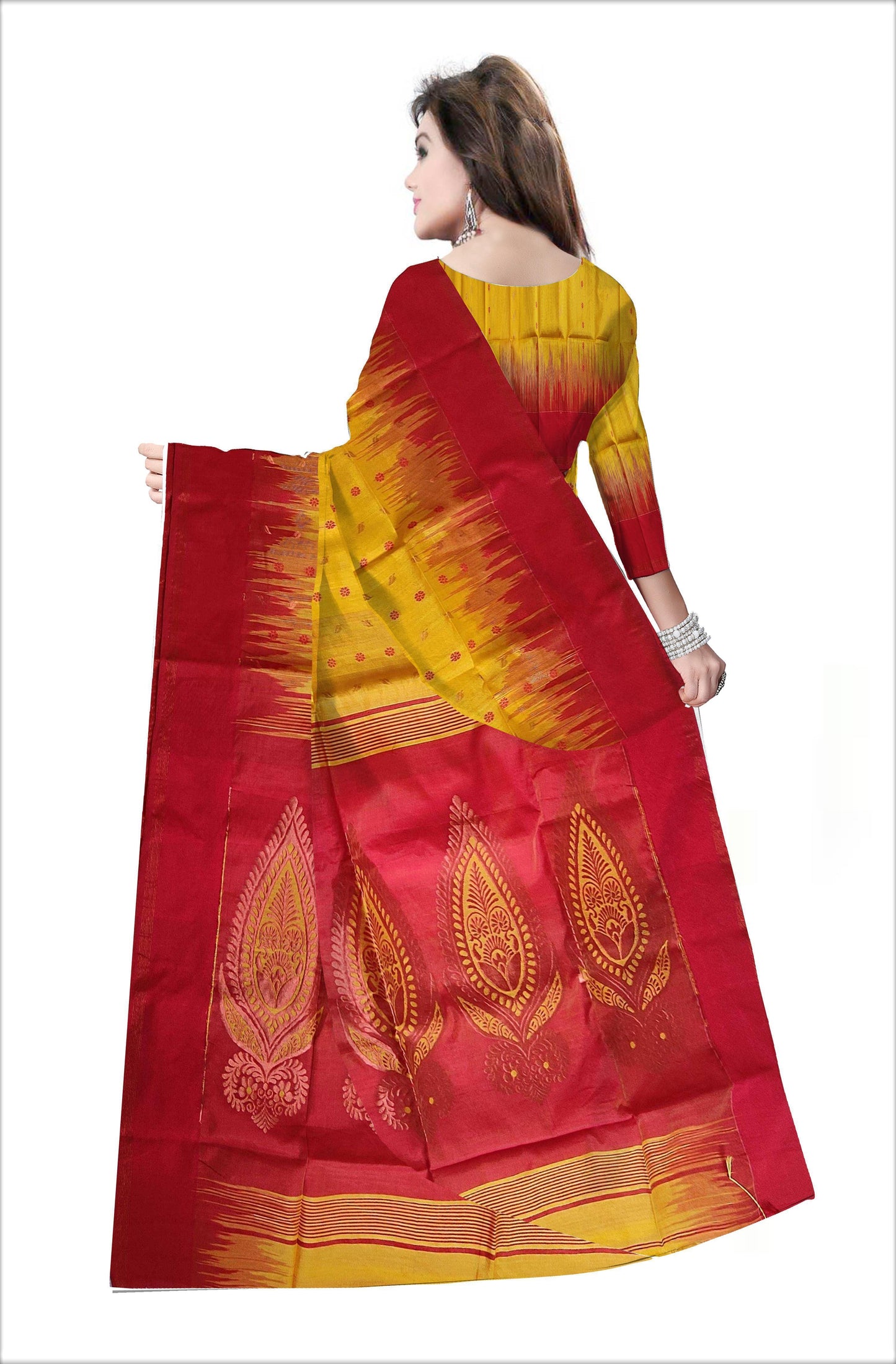 Pradip Fabrics Woven Yellow and Red color Soft Handloom Saree