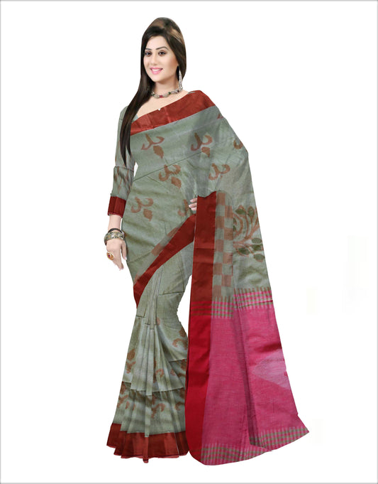 Pradip Fabrics Woven  Red and Olive Green Color Pure  Soft  Ekkat khadi Print  Saree