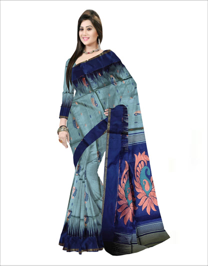 Pradip Fabrics Woven Grey and Blue color Soft Handloom Saree