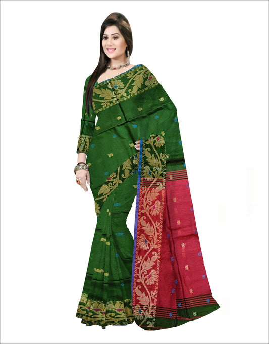 Pradip Fabrics Woven Dark Green and Red Color Soft Handloom Saree