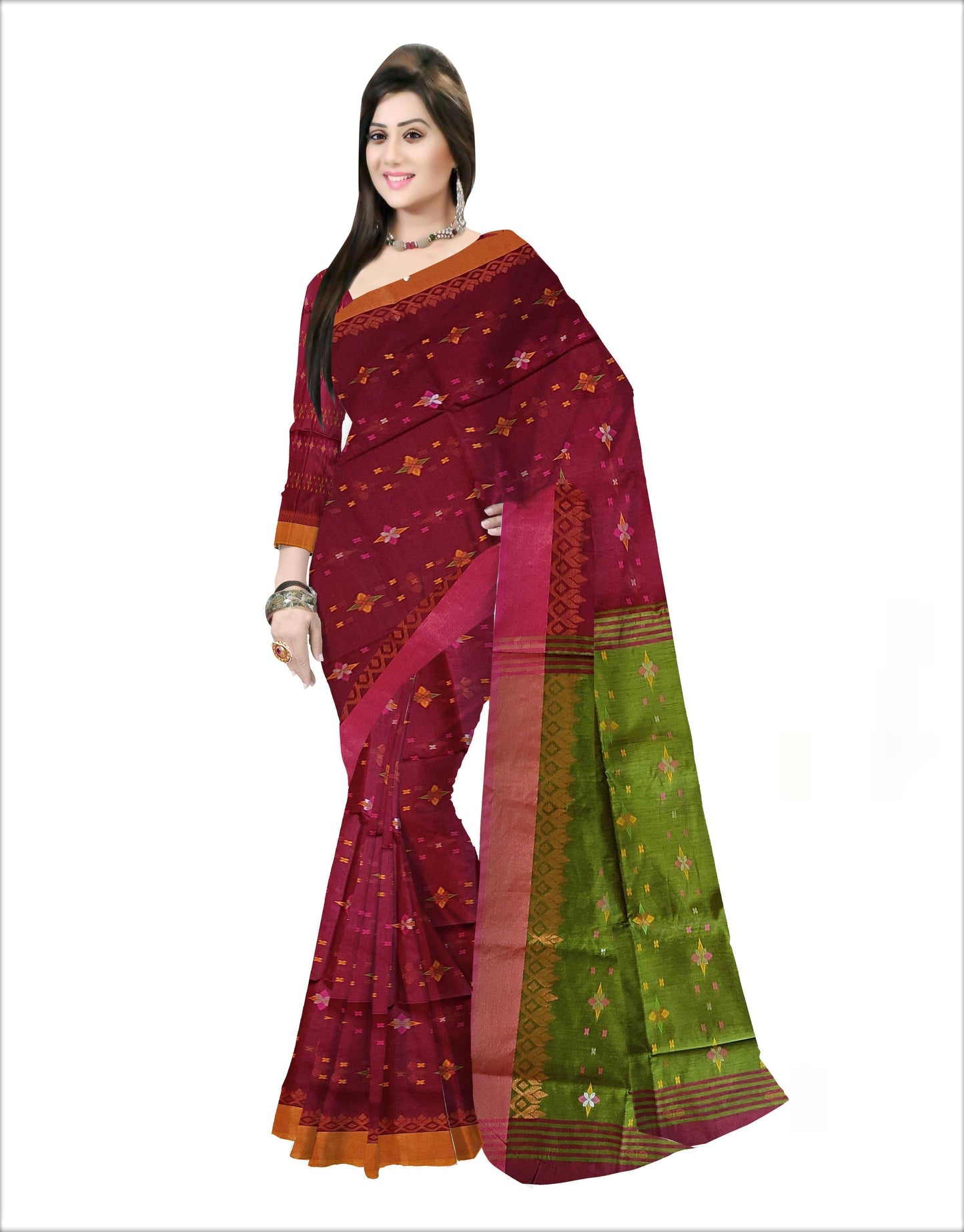 Pradip Fabrics Woven Soft Handloom Green & Maroon  Color Saree